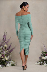 Sage Ruched Twist Bardot Long-Sleeve Maternity Midi Dress